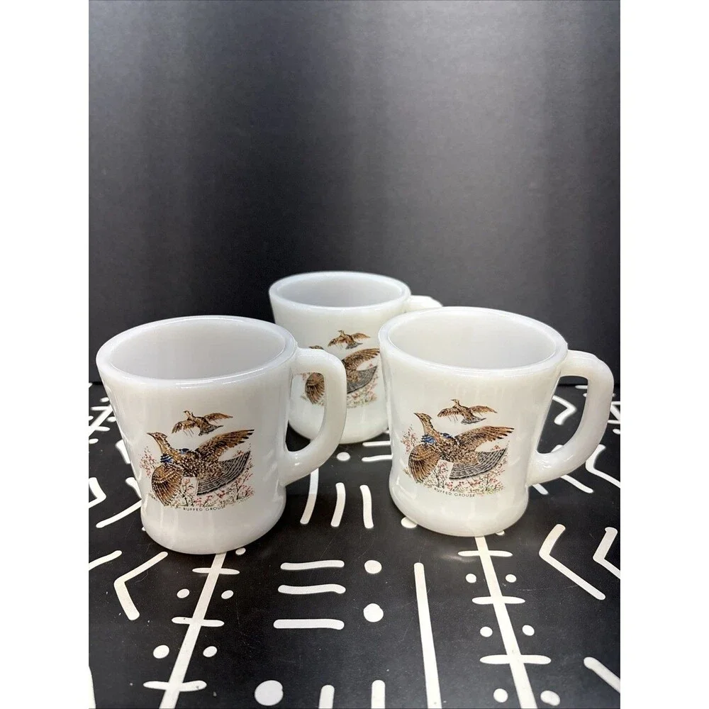 3 Vintage Fire King Coffee Mug Cup Ruffled Grouse D Handle White Oven Ware USA